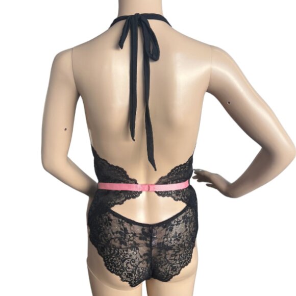 LA VIE EN ROSE Lace one piece lingerie / bodysuit / black + pink / Size S-M - Picture 2 of 9